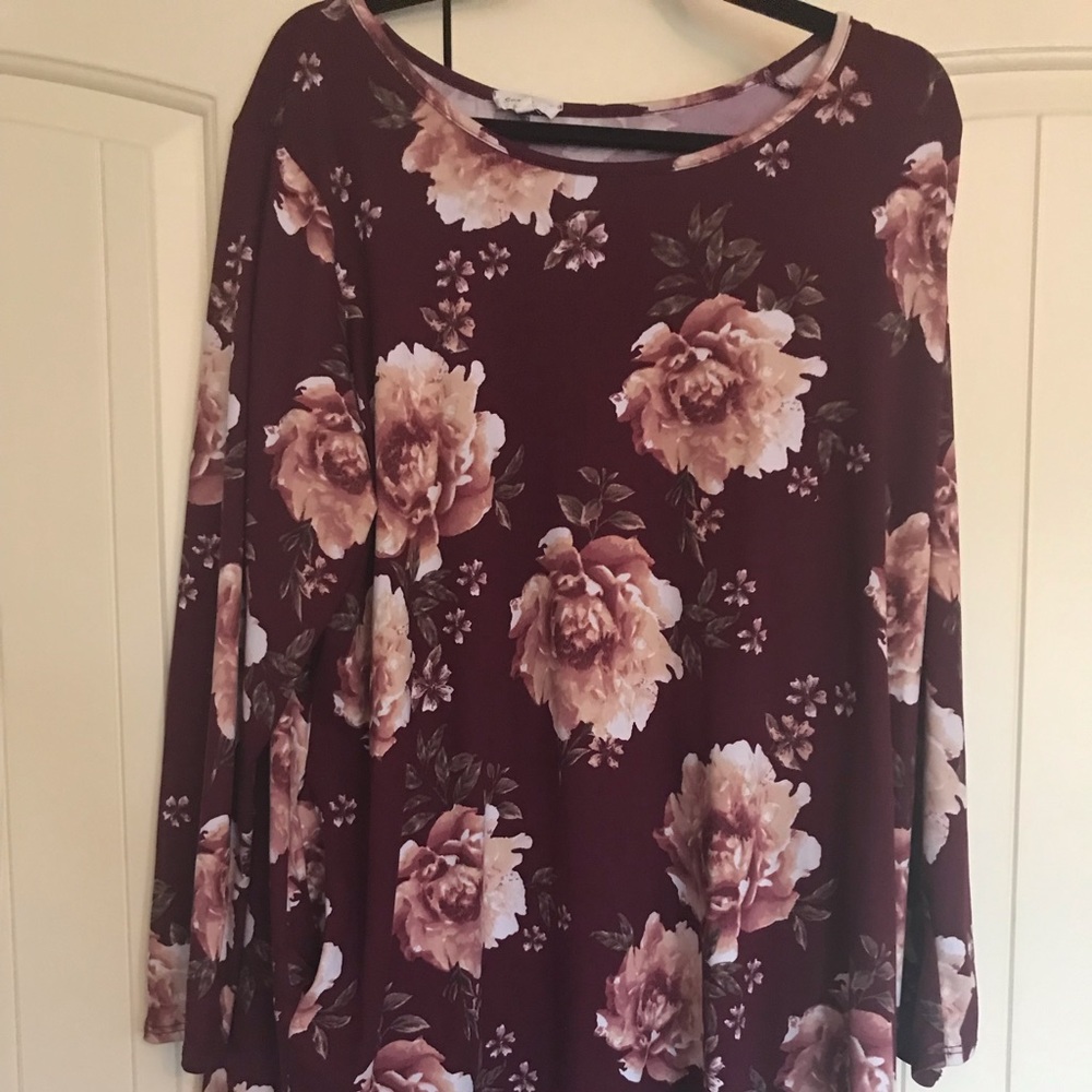 Peachskin maroon pink floral tunic 3x  pockets